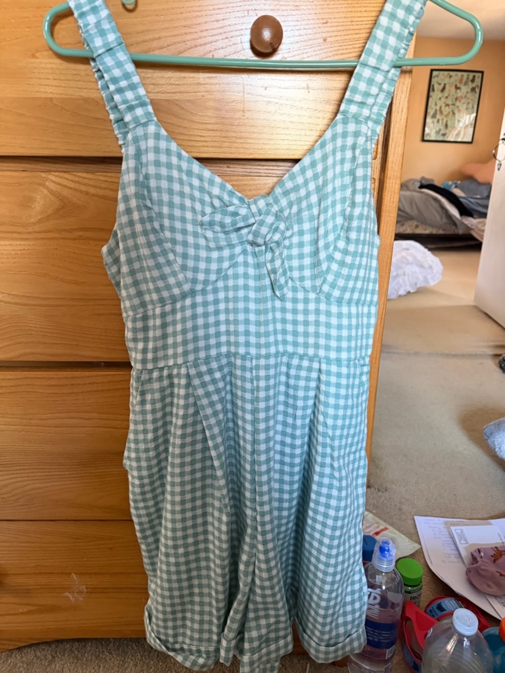 Teal and White Gingham Plaid Romper